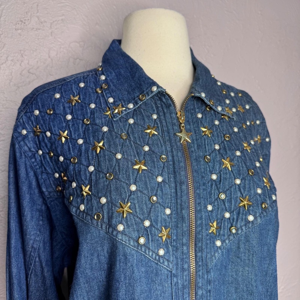 Vintage 90's Women Medium Denim Top Studded Gold stars, pearls and rhinestones